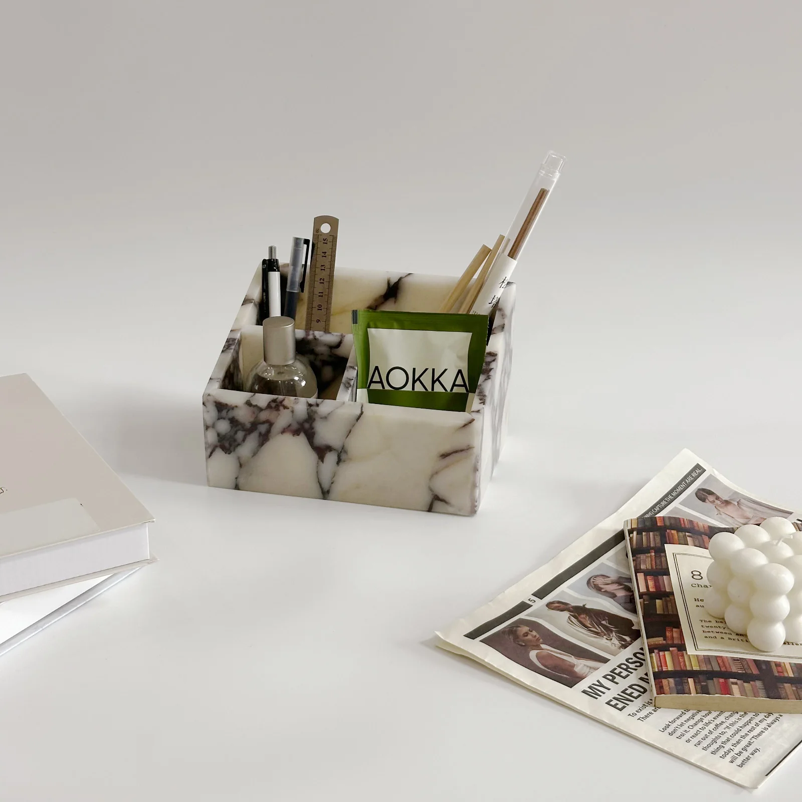 Luxury Calacatta Viola Natural Marble Desktop Organizer, Multi-Layer Stone Tray for Pens, Makeup Brushes, Jewelry Organizer