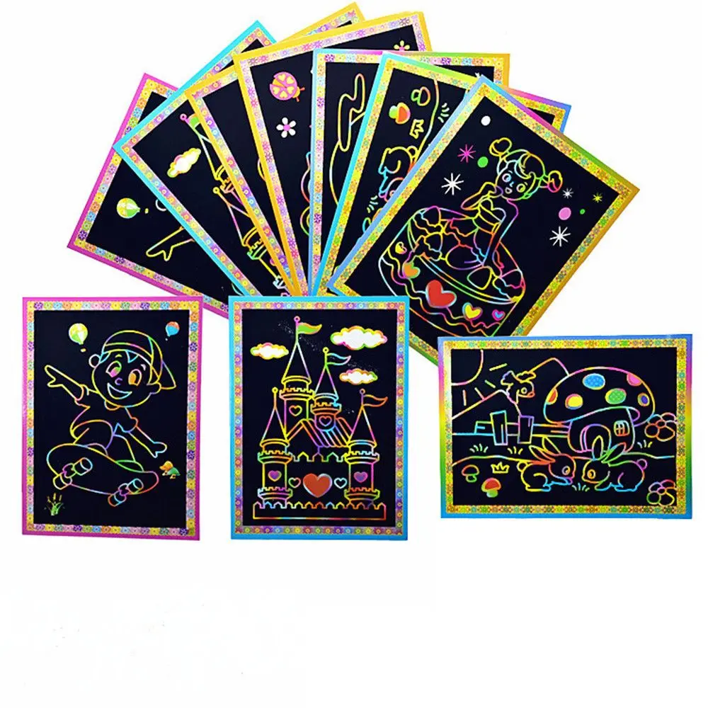 1/5/10pcs Children kids Two-in-one Magic Color Scratch Art Paper Coloring Cards Scraping Drawing Toys