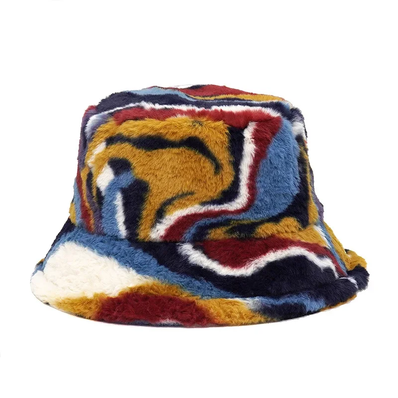 New Winter Bucket-Hats Fluffy Fur Men Women Panama Hat Fashion Warm Fisherman Cap Letter Rainbow Houndstooth Leopard Printed