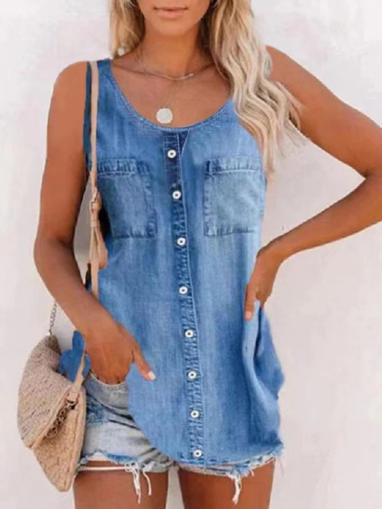 Summer New Tank Tops Fashion Loose O Neck T-shirts Imitation Cowboy Vest Women Casual Sleeveless Tops Blouse Street Wear