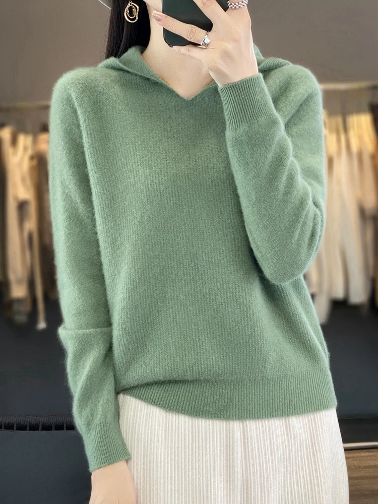 Spring And Autumn Women's 100% Merino Wool Long Sleeved Hooded Pullover Soft And Comfortable Wool Sweater