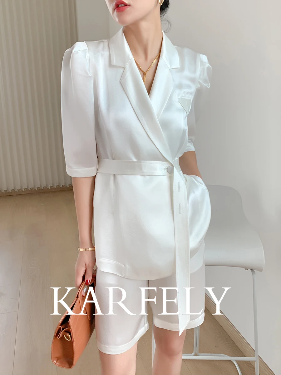 

KARFELY Acetate Satin Set with Five-Quarter Pants And Lantern Sleeve Shirt Summer Fashion Women's Ensemble Student Uniform