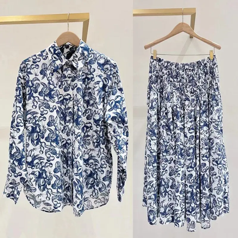 

Faionable White Bot Blue Flower Long Sve irt Комплект юбки миди Ранняя осень Скидка Маленькая женская одежда