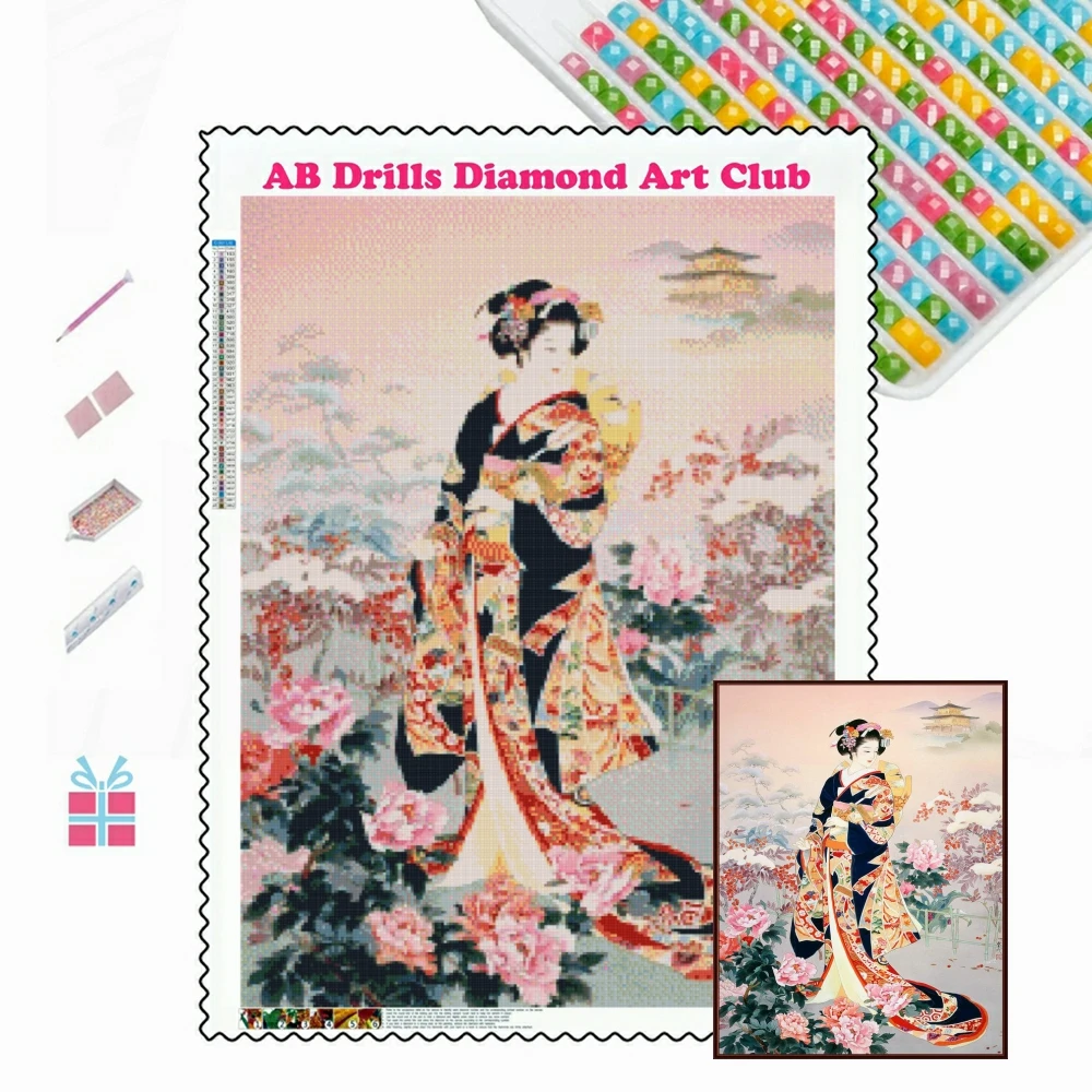 Japanese Geisha 5D AB Drills Diamond Painting Kimono Beauty Woman Flowers Art Embroidery Cross Stitch Mosaic Home Decor 2022 New