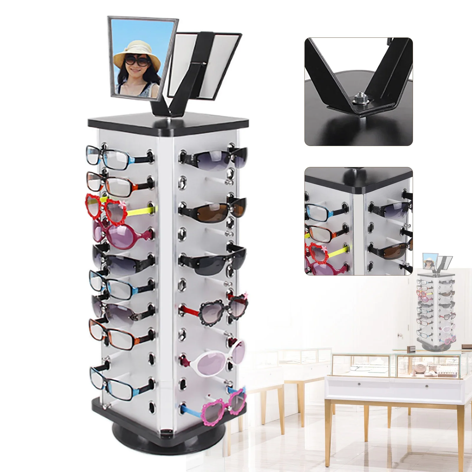 

360 Rotating Sunglass Display Rack Metal Glasses Stand Holder 44 Pairs W/ Mirror Retail Sunglass Display Stand Sunglasses Rack