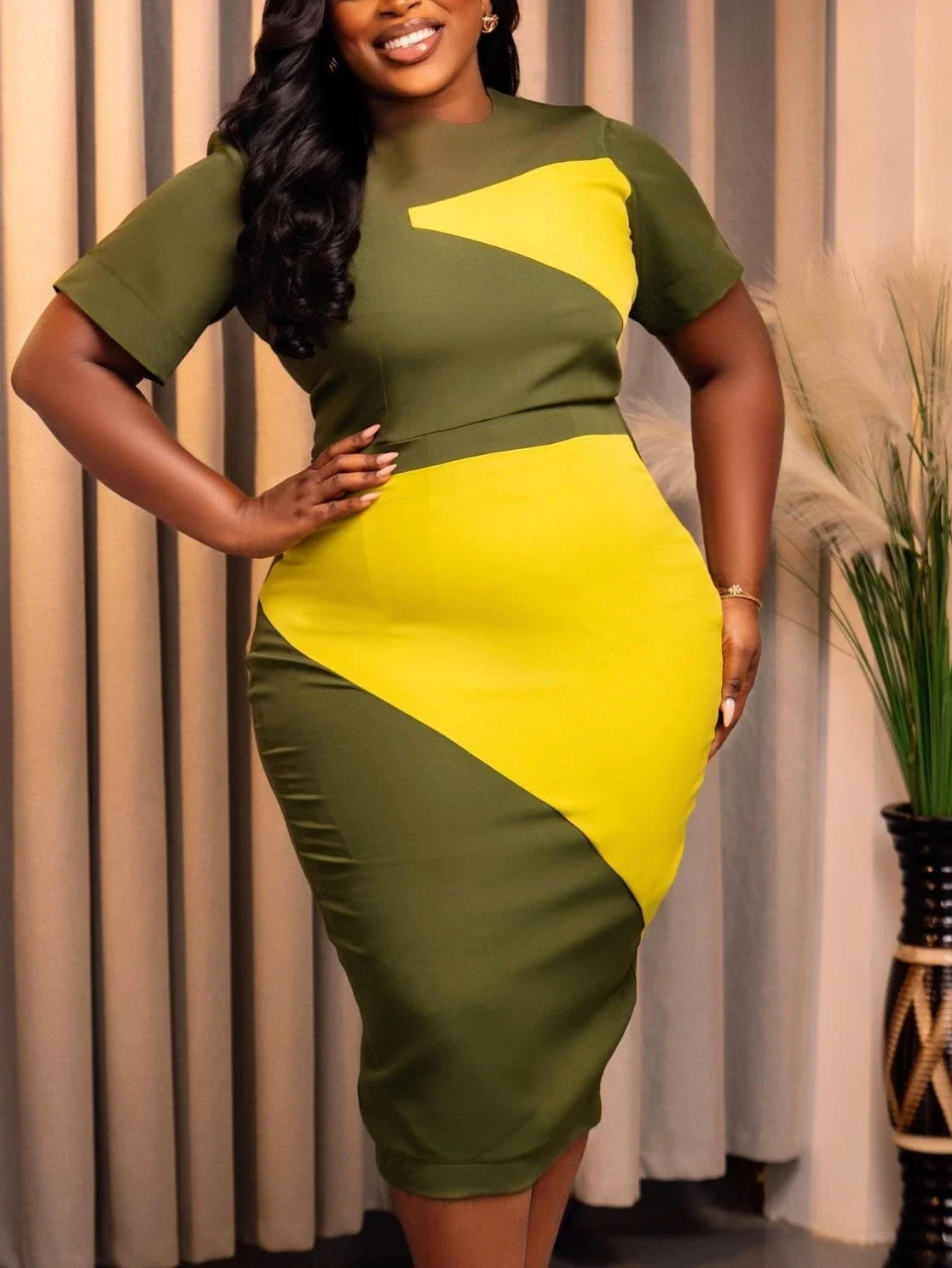 

Olive And Yellow Colorblock Plus Size Bodycon Midi Dress For Office Party Wedding Graduation Spring Summer Events