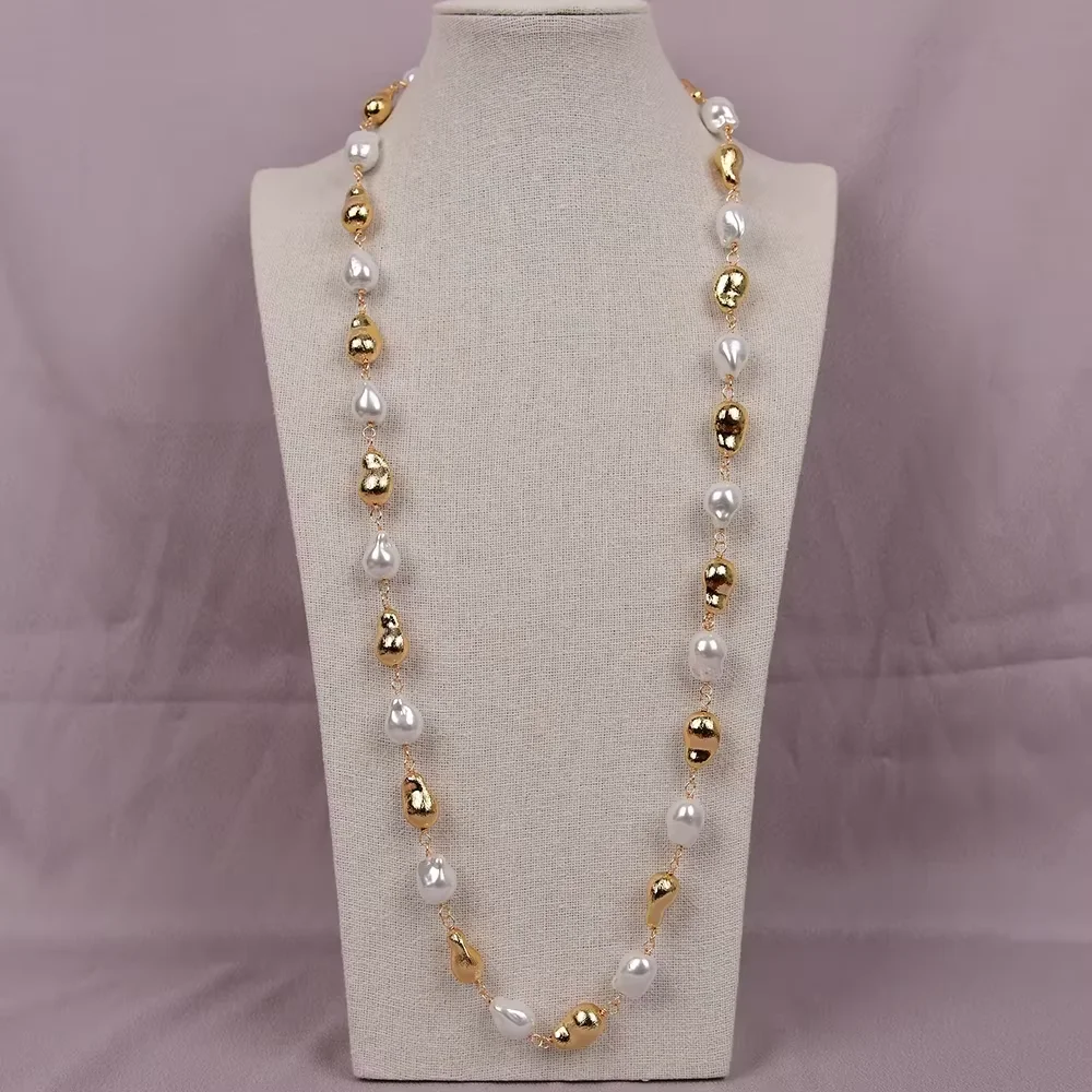 Natural White Sea Shell Baroque Mother Of Pearl Gold Color Brushed Beads Long Necklace 35'