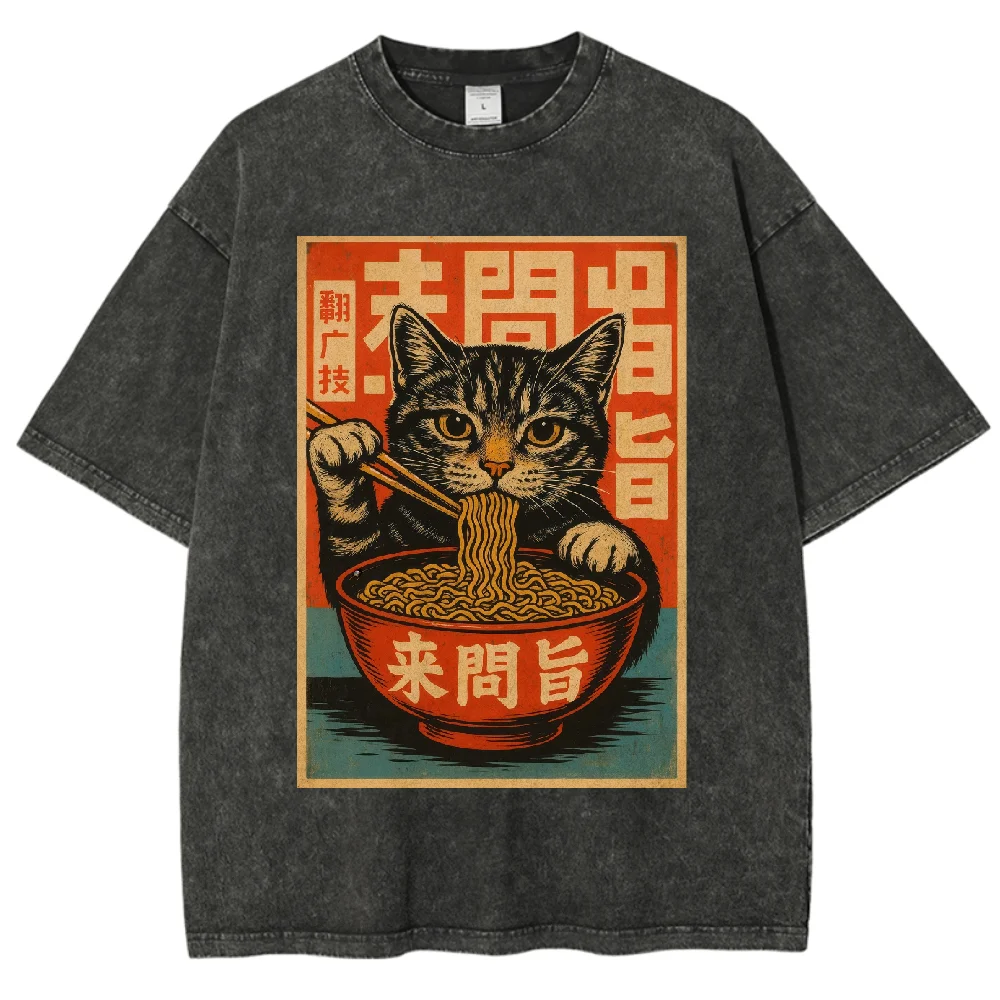 

Ukiyo Style Cat Print T Shirt Loose Fit O Neck Casual Soft Breathable Street Style Fashion Top for Youth Daily Wear Trending
