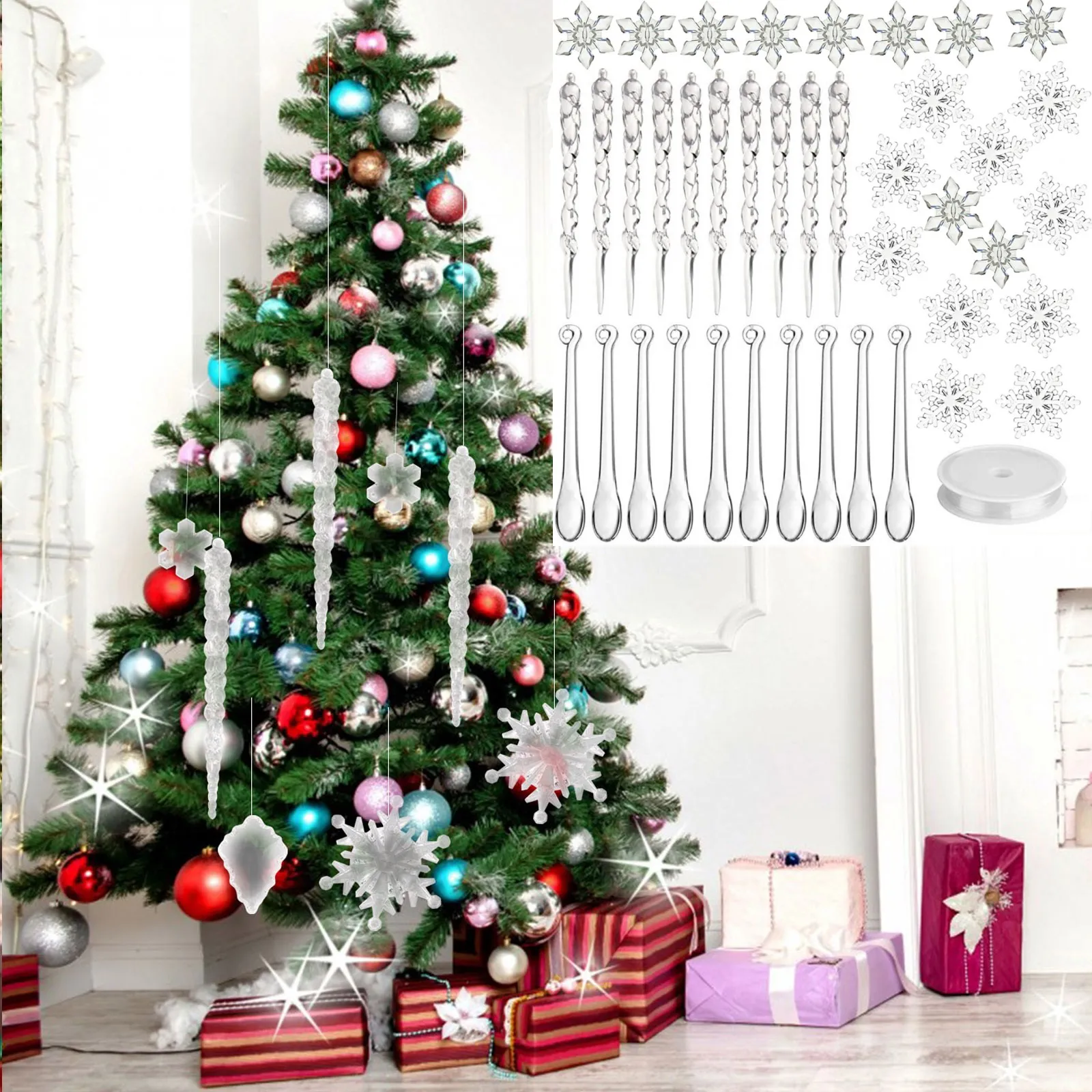 40pcs Christmas Tree Pendant Ornaments Acrylic Crystal Snowflake Icicles Decoration Kit for Xmas Winter New Year Party Decor