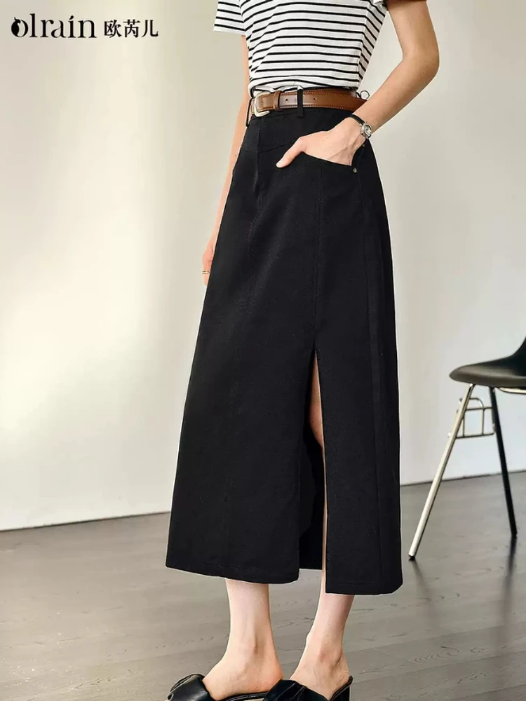 

OLrain Black Denim Skirt Women 2025 Summer Casual Pure Cotton Straight Jeans Split Midi Skirts for Woman Clothes N57CB96222