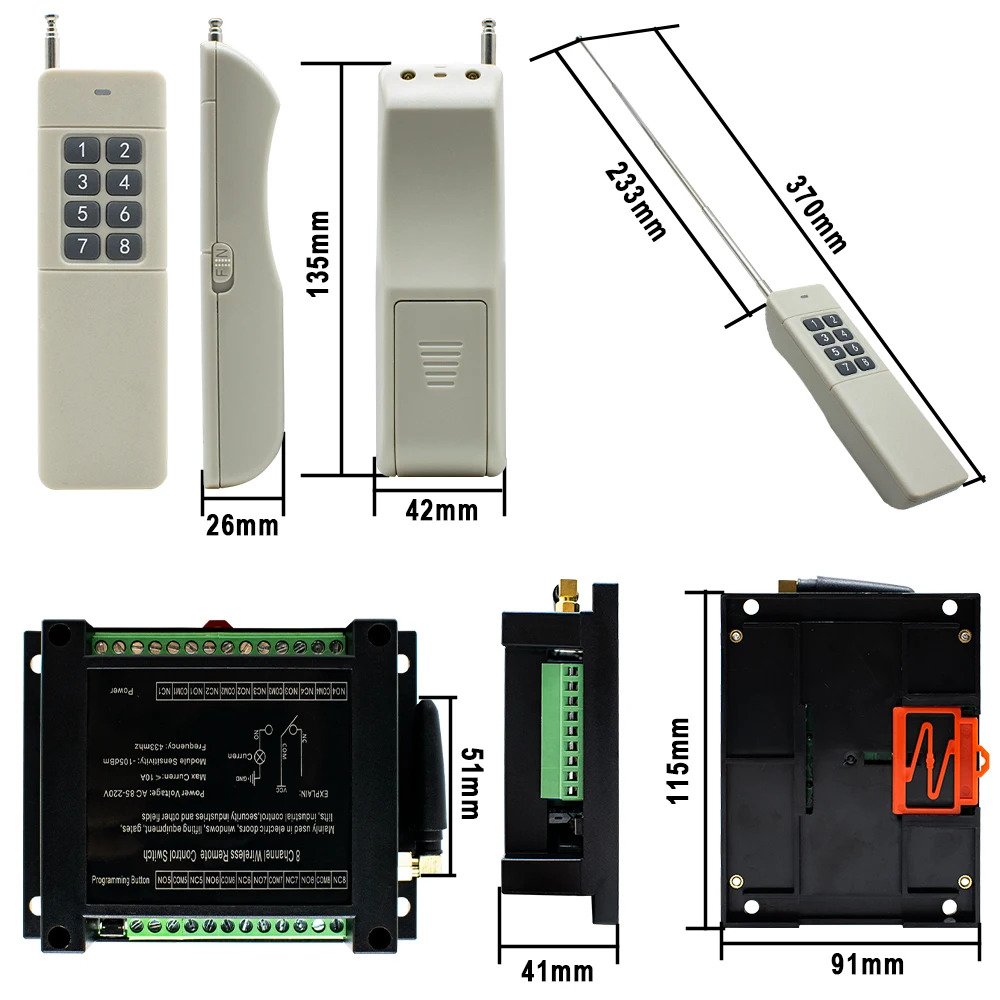 산업용 RF 무선 리모컨 스위치, 고감도 장거리 송신기, 8 채널 리시버, 433MHZ, AC 85-220V