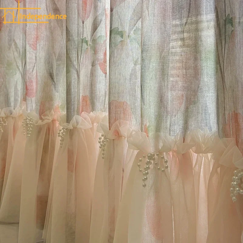Pink Tulip Oil Painting Printing Cotton Linen Window Screen Splicing Curtains for Living Room Bedroom French Window Customized