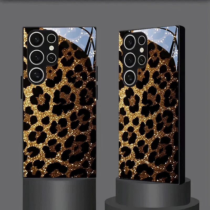 Goldener Blitz Leopardenmuster Gehärtetes Glas Handyhülle Passend für Samsung Galaxy S26 S25 S24 S22 S21 S20FE/Ultra/Plus Sturzsicher