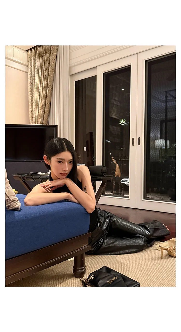 Lautaro Spring Autumn Shiny Lizard Print Pu Leather Straight Pants Women High Waist 2026 Chic Luxury Brands Alternative Pants