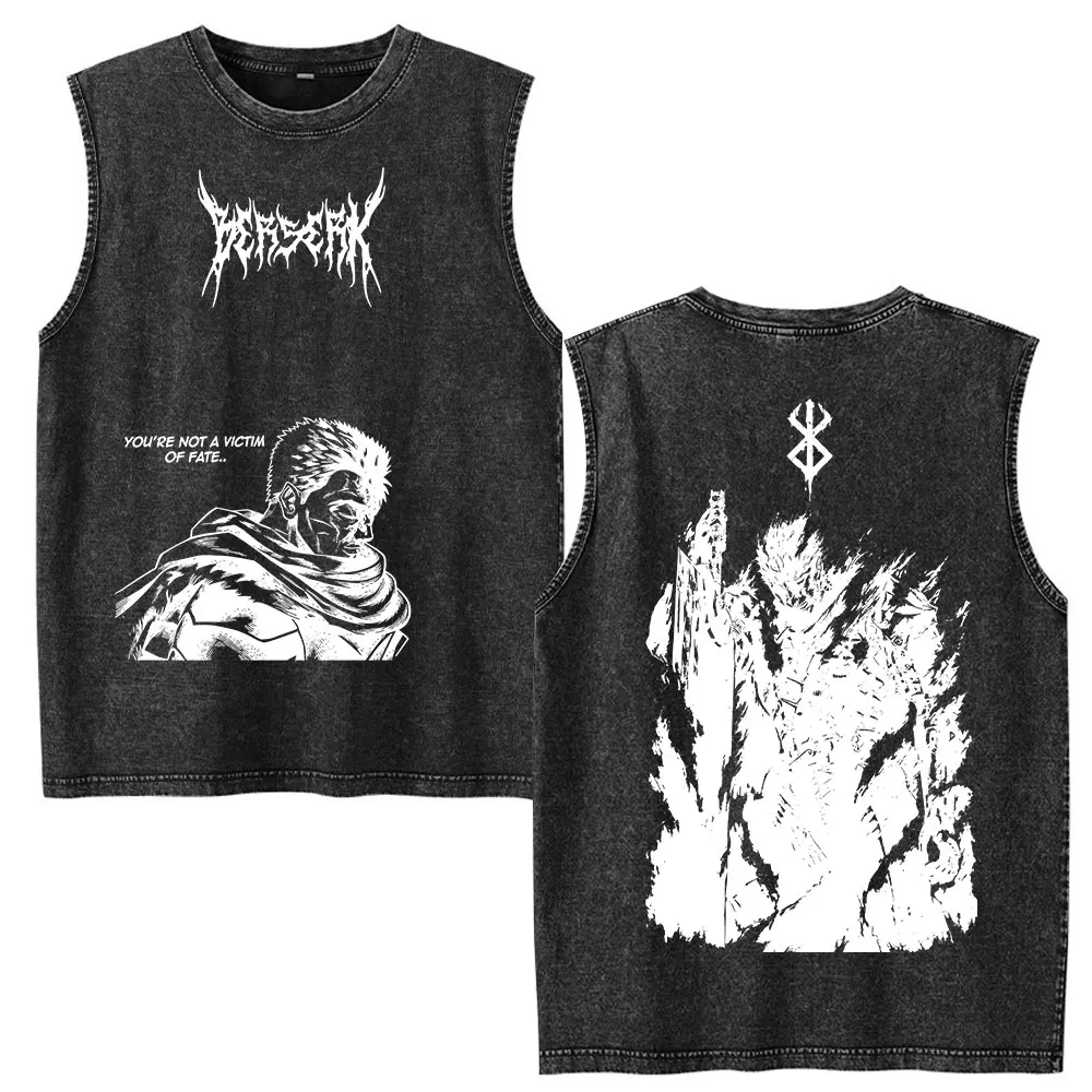 Anime Berserk Guts Griffith Vintage Washed Tank Tops Tees Men Women Clothing Cotton Harajuku Sleeveless Vest T-shirts Streetwear
