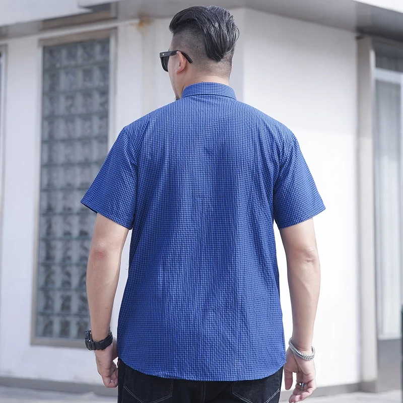 Плюс размер L-10XL Повседневная мужская рубашка в клетку с коротким рукавом Футболки с воротником на пуговицах Синий Зеленый Топ Рубашки Свободная мужская толстая одежда