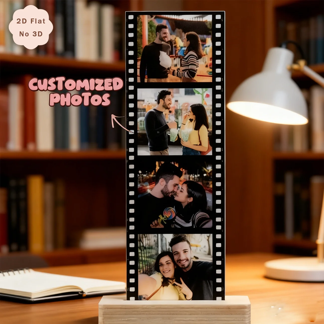 Plaque acrylique personnalisée avec bande de film photo et support en bois, collage de 4 photos de couple, cadeau romantique pour un couple