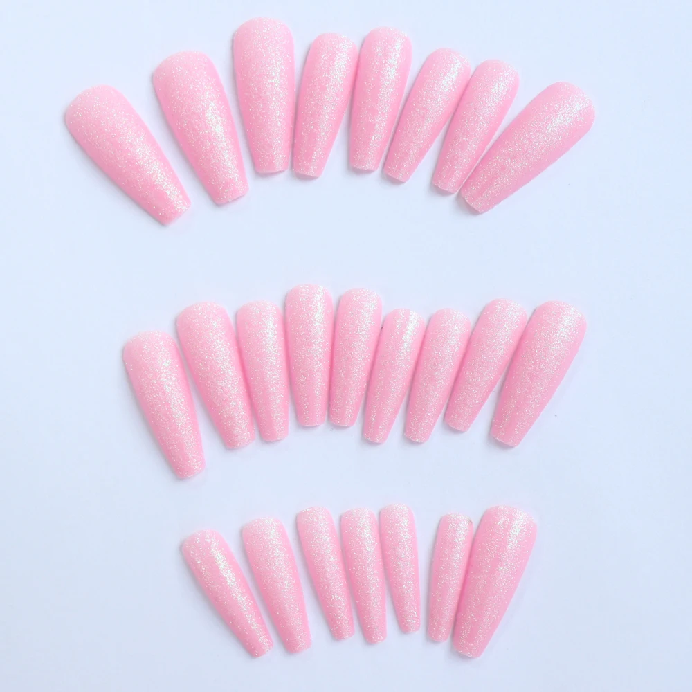 24 Pcs Long Square Bright Pink Full Cover Fake Nail Set - Glitter Powder Press On Nails Design For Girl Mother Women Gift