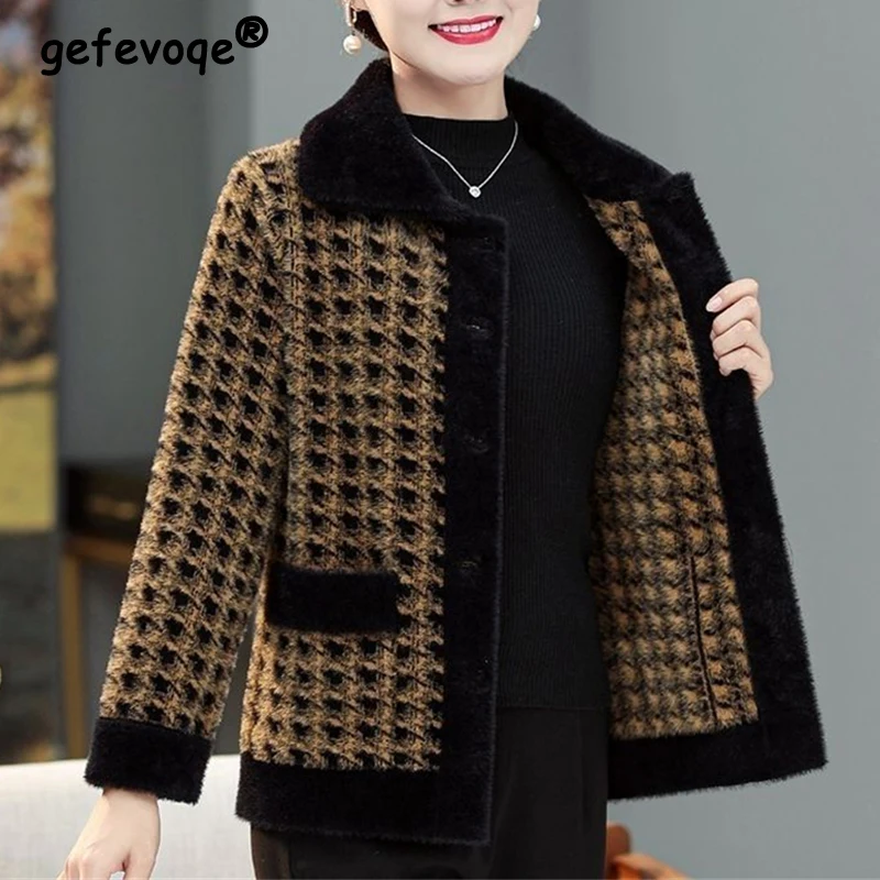 Middle Aged Elderly Women Clothes Vintage Plaid Imitation Mink Fur Collar Coat Winter Mother Elegant Fashion Thick Button Jacket