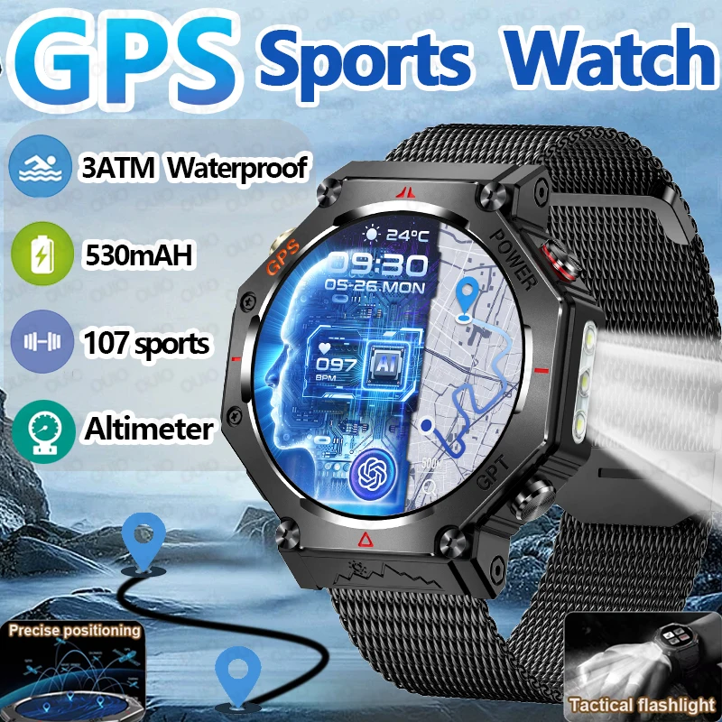 

Новые встроенные GPS спортивные умные часы с фонариком 3ATM, водонепроницаемый компас, аккумулятор 530 мАч, 1000, спортивный режим, BT Call, умные часы