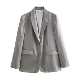 Jenny&Dave 2026 New Fashion Minimalism Suits Blogger Two Pieces Sets Women Silver Color Casual Blazers Women Suits Pants