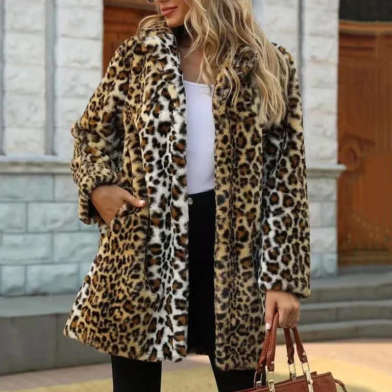 Europe Amérique femmes léopard fausse fourrure manteau longue mode décontracté lâche fourrure pardessus grande taille épais chaud coupe-vent en peluche manteau