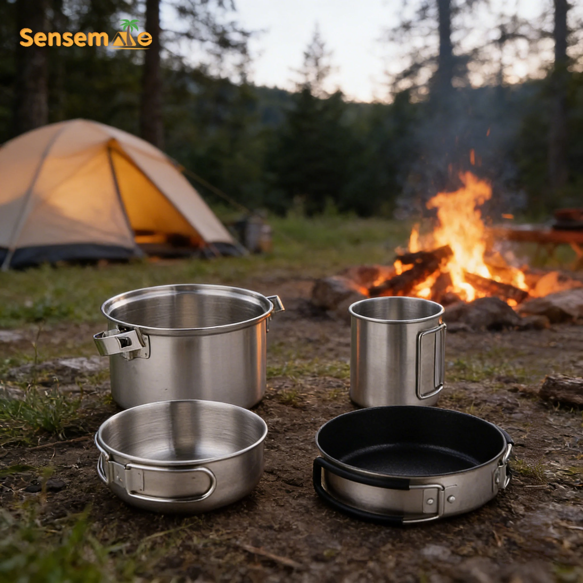 304 Stainless Steel Camping Cookware Set for 1-2 Persons Stackable Outdoor Pots and Pans Lightweight Backpacking Mess Kit 4pcs