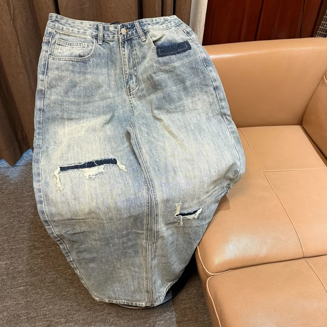 

Summer Thin Denim Series Patchwork Heavyweight Micro Cone Jeans mid Waist Cotton Polyester Blend Casual Straight Leg Loose Fit