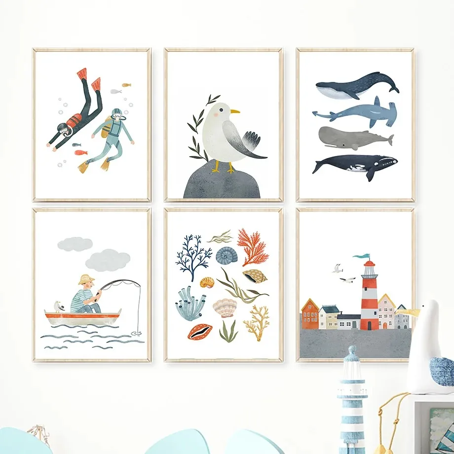 Sailboat Lighthouse Whale Seagull Shell Diver Wall Art Canvas Painting Nordic Posters and Prints Wall Pictures Kids Room Decor