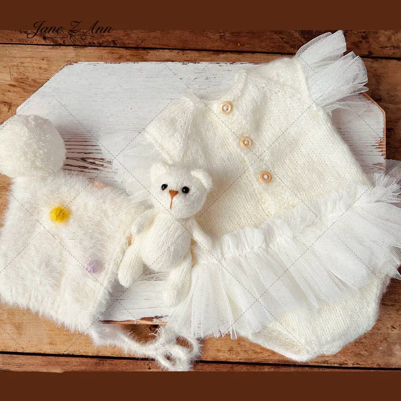 

Newborn princess photography outfit soft baby girl costume with pom hat bear doll and dress cute infant photo prop set