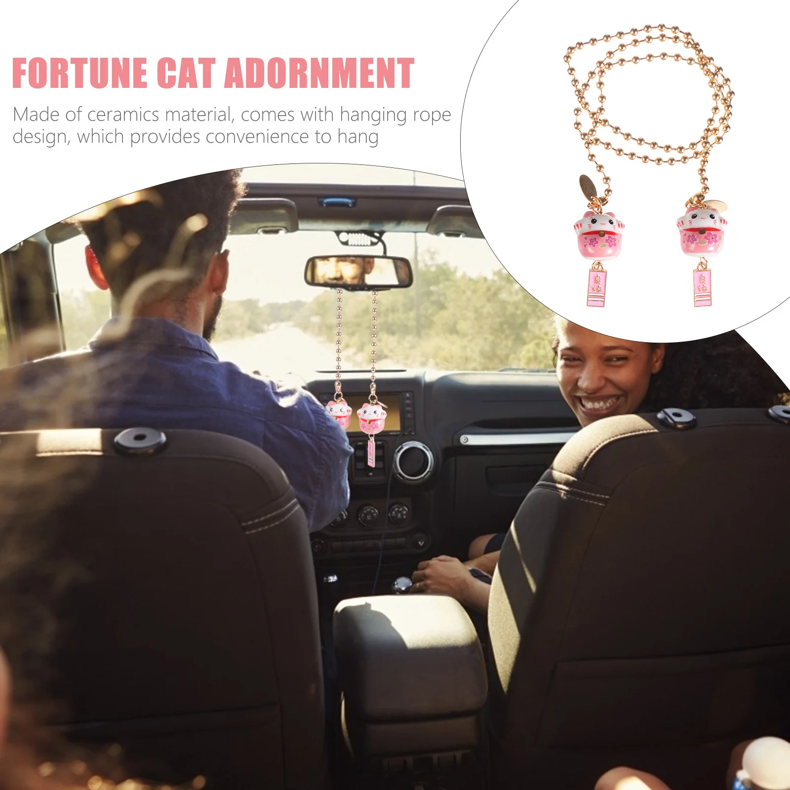 

1Pair Ceramic Fortune Cat Car Hanging Ornament Japanese Style Car Interior Decor Charms for Rearview Mirror Fortune Cat Pendant