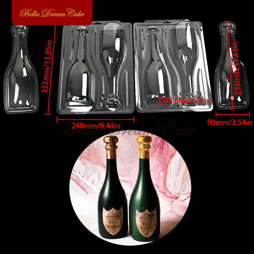 4pcs/set 3D Large Champagne Bottle Breakable Chocolate Mold DIY Smash Wine Bottle Candy Mould PET Cake Decorating Tools Bakeware