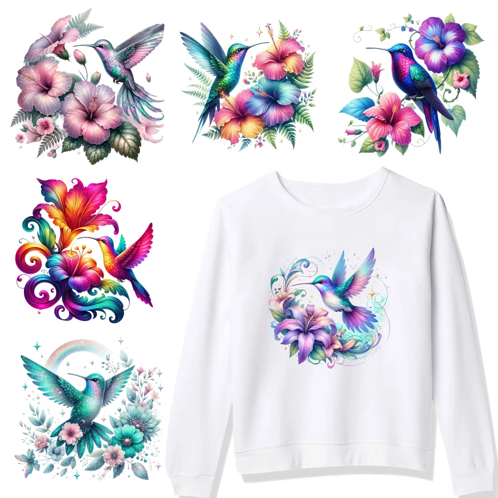 6 Pcs Hummingbird Flower Iron on Transfers Easy to heat press decals for clothing, T-shirts, jeans, backpacks, hats, pillows.