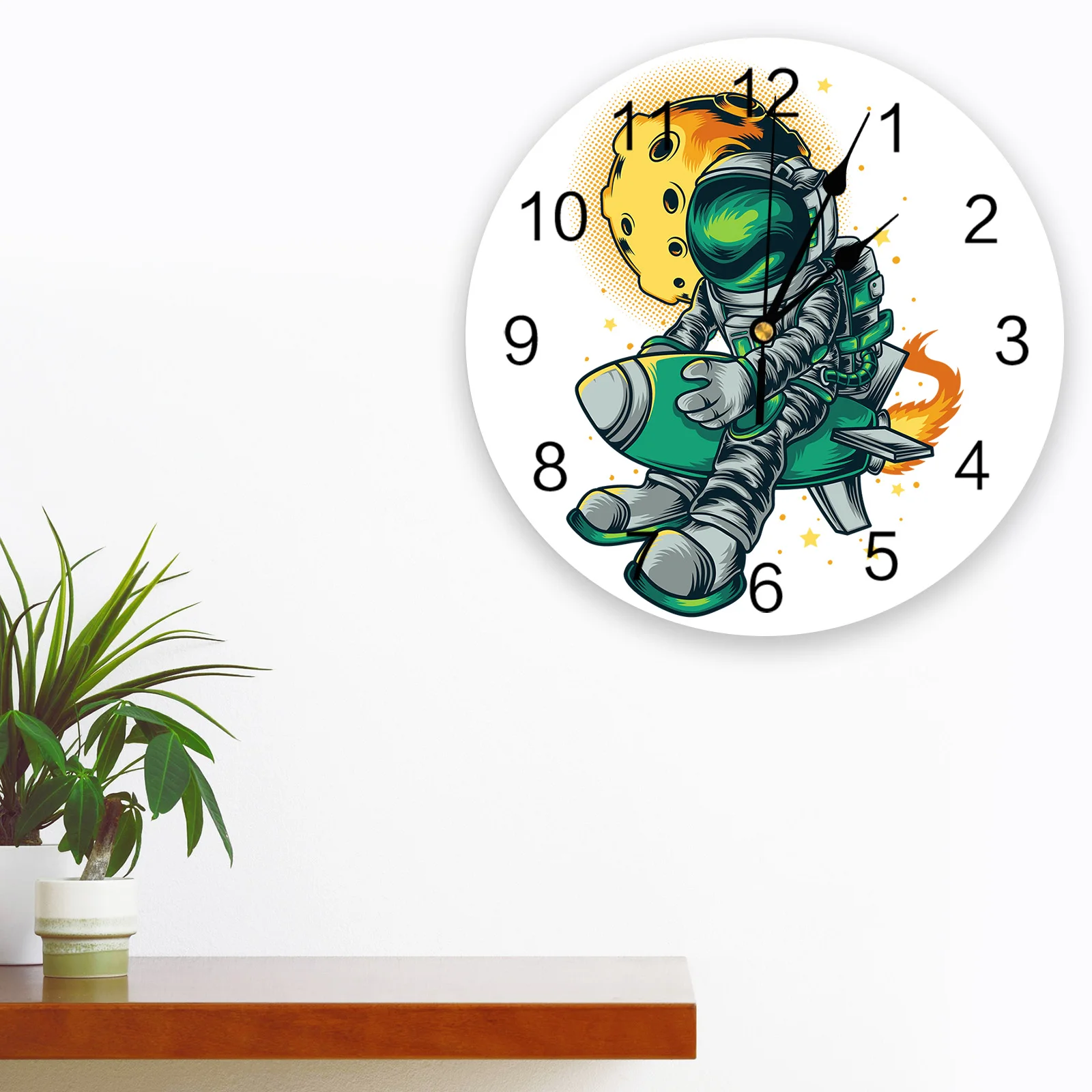 Astronaut Rocket Planet Illustration Wall Clock Modern Design Living Room Decoration Clock Mute Wall Watch Home Interior Decor