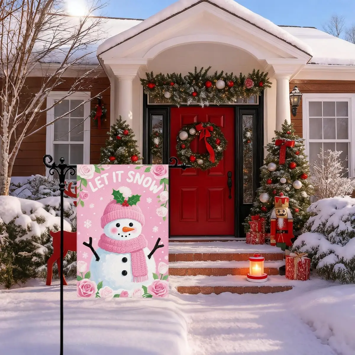 Winter Garden Flag, Winter Snowman Garden Flag for Outside, Double Sided Pink Yard Decorative Flags, Christmas Gift, Seasona yyi