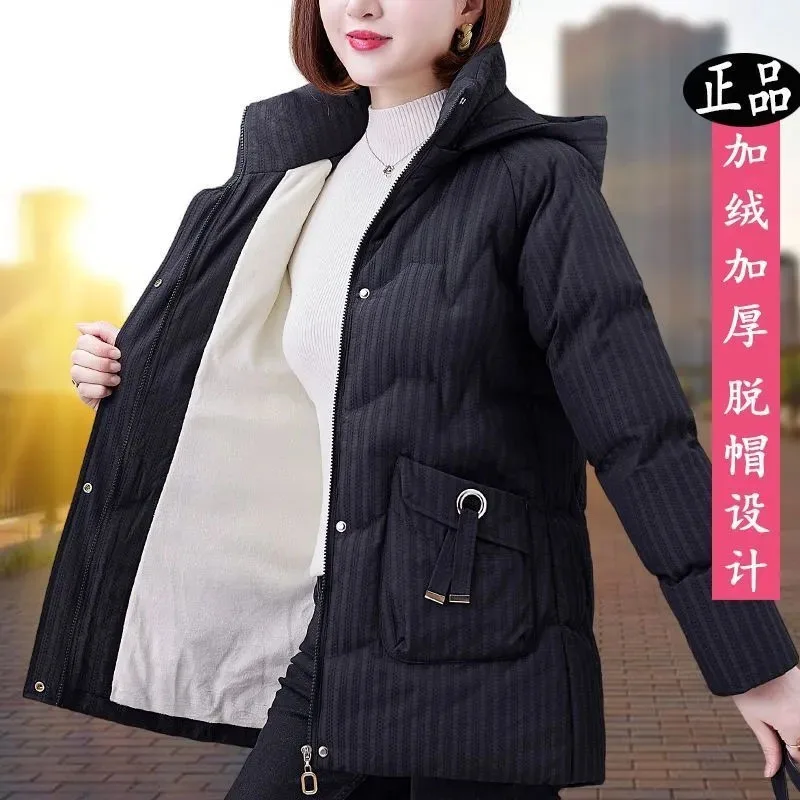 Medium Long Down Cotton-Padded Jacket Female Winter 2024 New Style Loose Comfortable Plus Velvet Add Cotton Thicken Mama Jacket