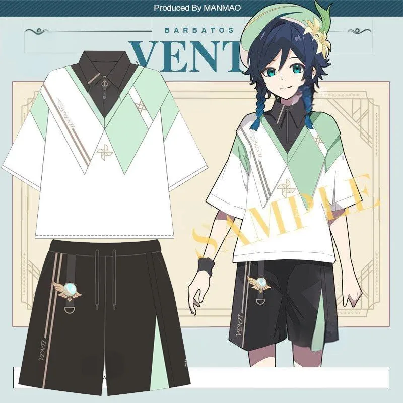 

Genshin Impact Venti Cosplay T-Shirt and Shorts Tops Pants Set Venti Costume Short Sleeve Summer Cool Streetwear Sportwear