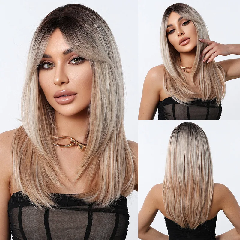 with bangs in a figure-eight style, gradient color, slightly curled ends, inward curls, synthetic fiber wig