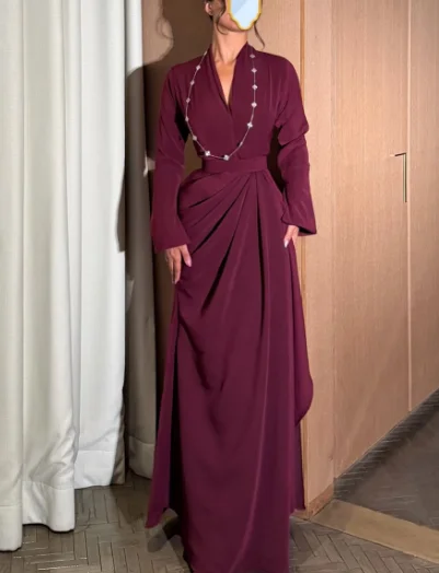 Customized Floor Length Full Sleeves V-neck Satin Vestidos Elegantes Para Mujer Para Una Boda Robe De Soirée Femme Chic فستان