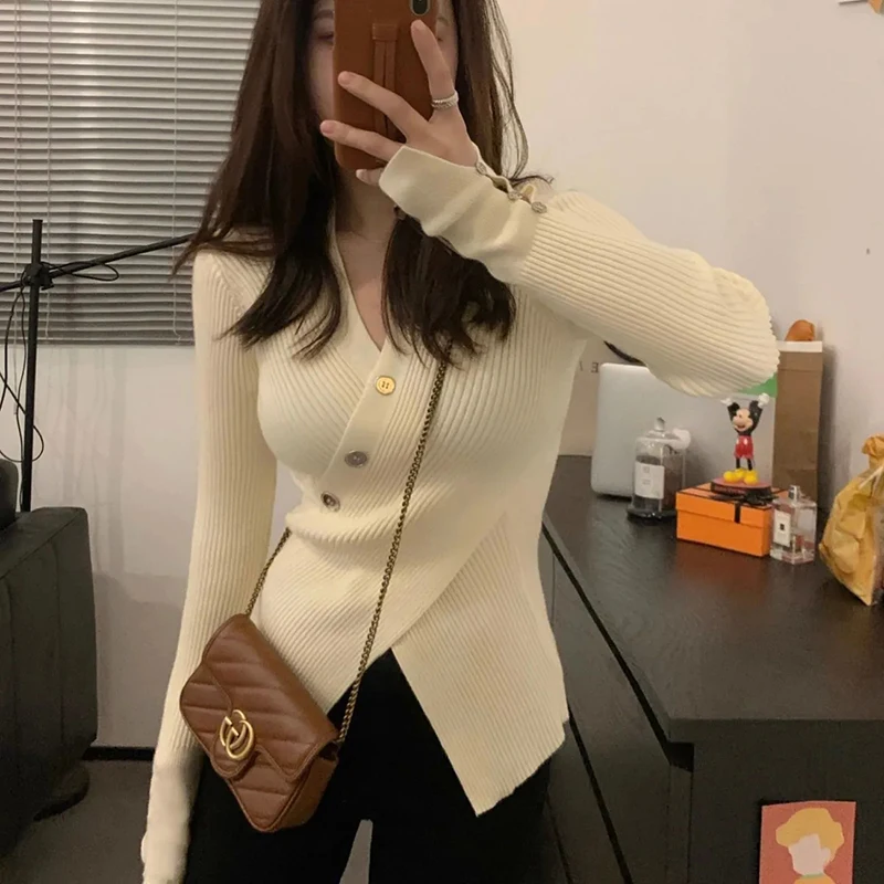 Autumn Winter New Irregular V Neck Sweater Women Sweet Slim Fit Split Pullover Solid Button Long Sleeve Knitted Tops Female