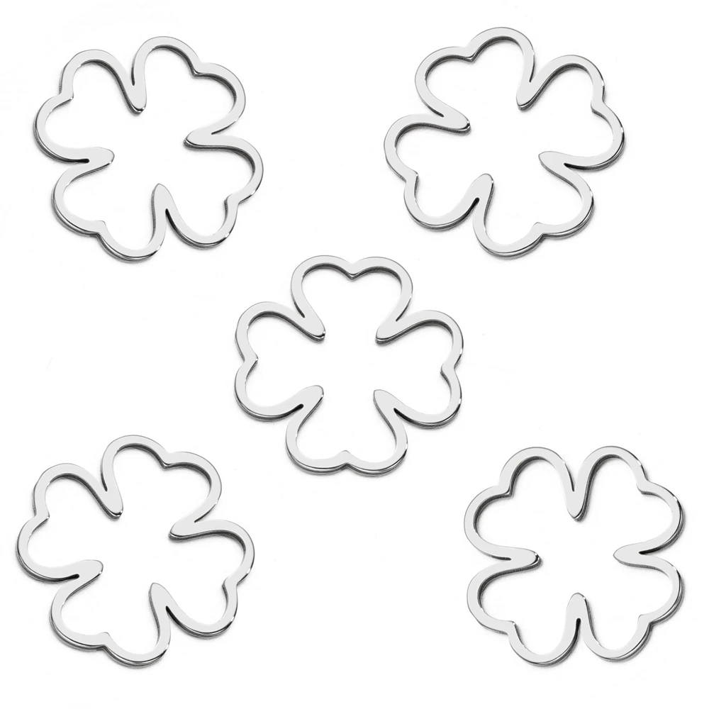 10Pcs Flowers Stainless Steel Pendants Steel Color Four Leaf Clover Charms Hollow Bezels for DIY Resin Frame Mold Jewelry Making