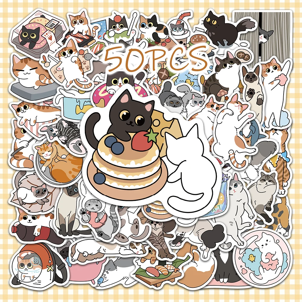 50pcs cat and food cartoon decorative stickers for New Year gift party decals Back to school laptop cellphone case skateboard