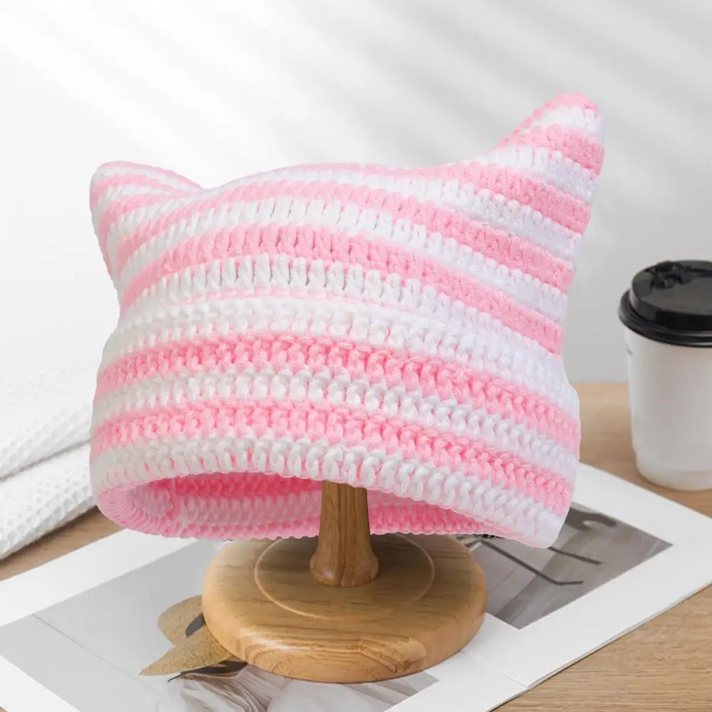 Autumn Winter Women Men Knitting Cap Cute Striped Cat Ear Hat No Brim Thickened Stretchy Headwear Wool Yarn Knitted Beanie Hat