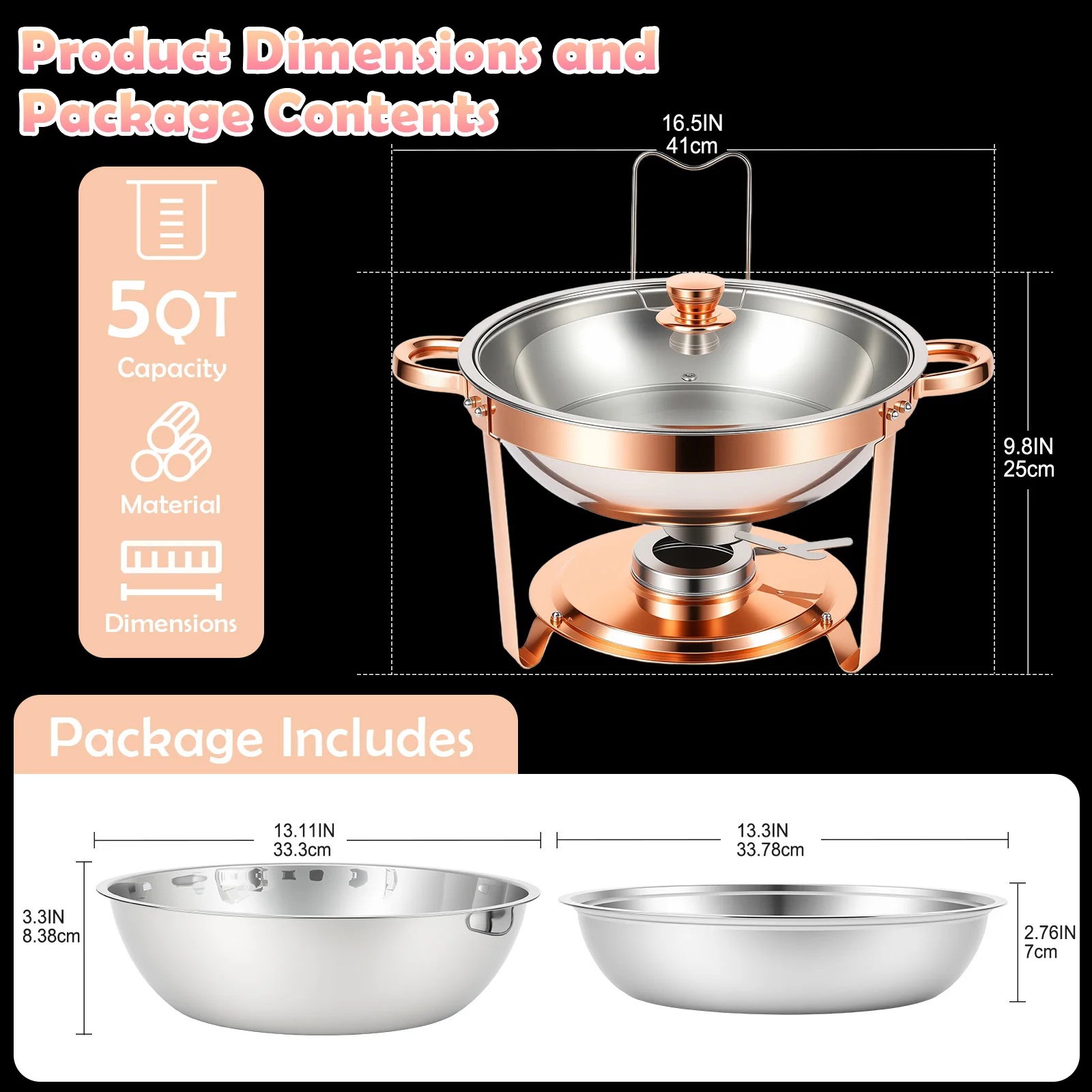 Chafing Dish Set Gold-Plated 5QT Round Warmer Server Stainless Steel 316 with Glass Lids – Premium Buffet & Hot Pot Serving for Parties Buffets Weddings Birthdays 1/2/4/6 Pack