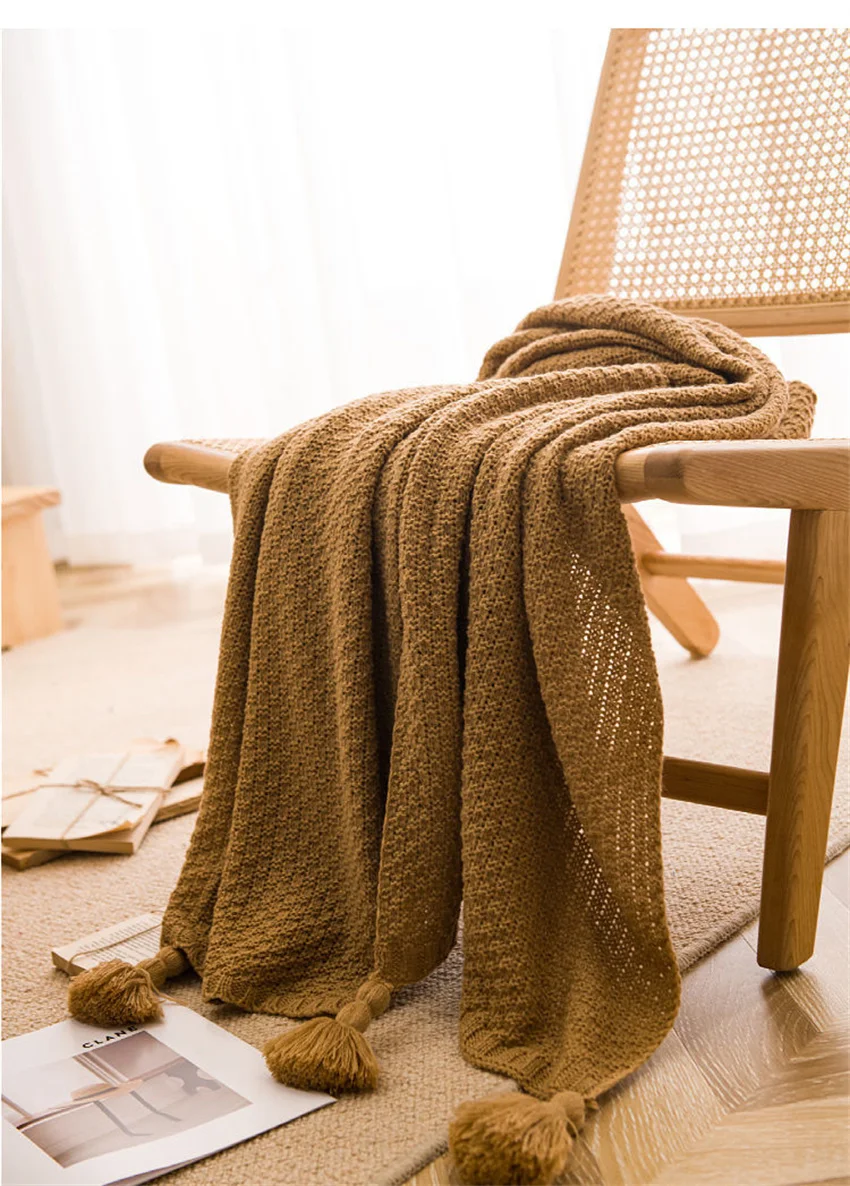 Nordische Decken für Bett, Sofa, Couch, grob gestrickte Tagesdecke, gestrickte Überwurfdecke mit Quaste, einfarbige Waffel-geprägte Decke – Detail 17