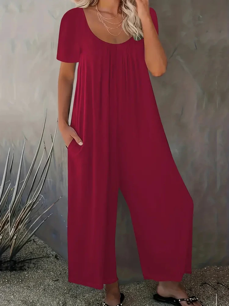 Summer Chic Solid Casual Pockets Jumpsuit Crew Neck Short Sleeve Wide Leg Long Pant Versatile Outfit Plus Size Women\'s Clothing