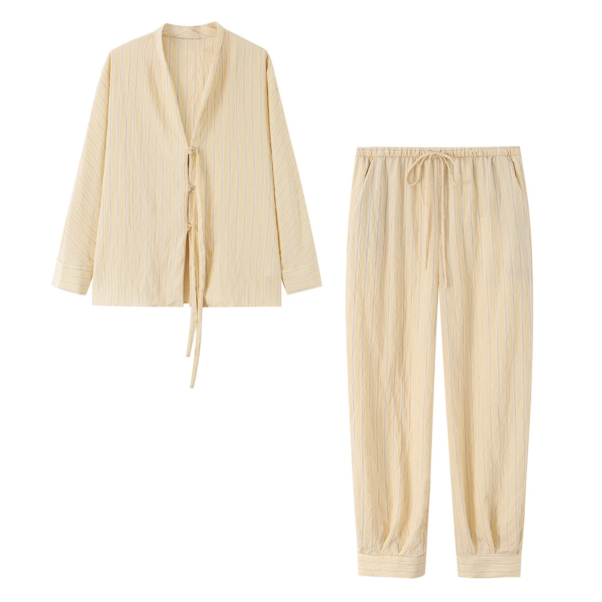 Conjunto de verano para mujer: camisa de manga larga con cuello en V y rayas, pantalones largos de pierna recta con cintura media y lazo, y pantalones largos tipo farol.