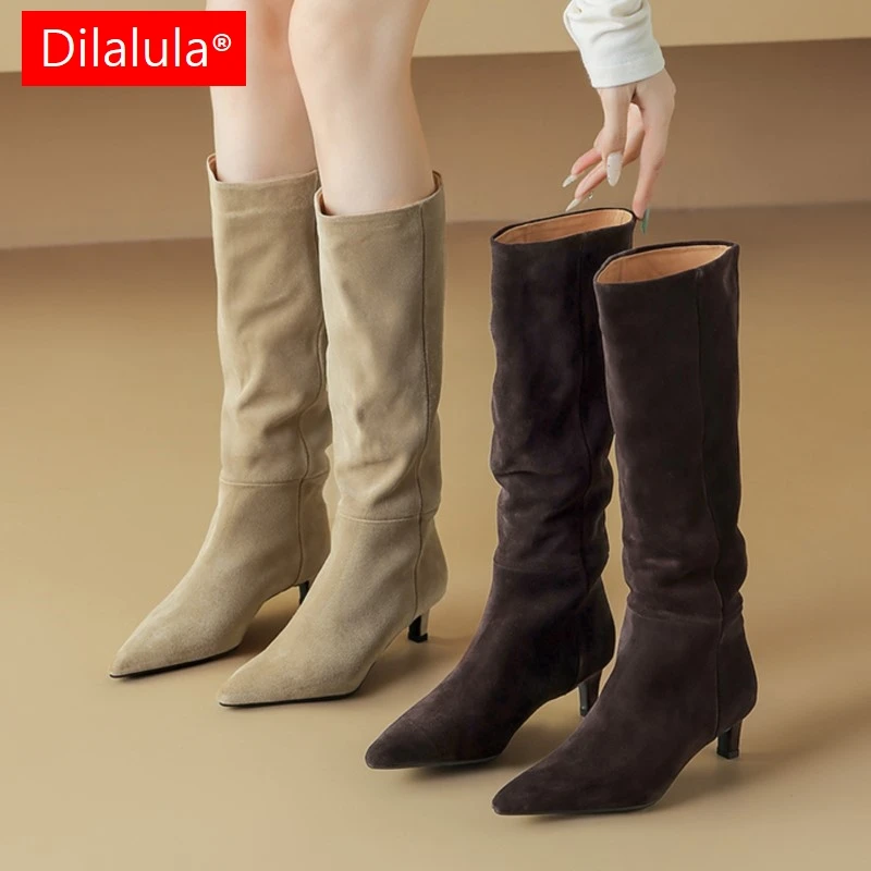 

Dilalula 2025 Genuine Cow Suede Women Knee High Boots Pointed Toe Slip On Thin High Heels Long Street Boots Ladies Party Dating
