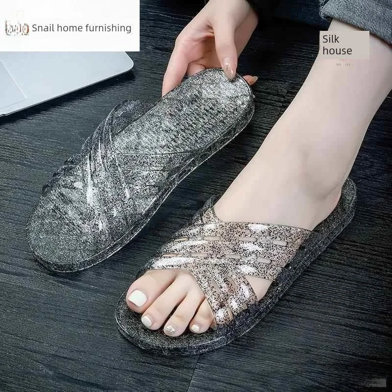 

Women's Flat Bottom Sandals Crystal Anti-Slip Odor-Resistant Jelly Bathroom Bathing Home Slippers Summer New Style Fly Blue V...