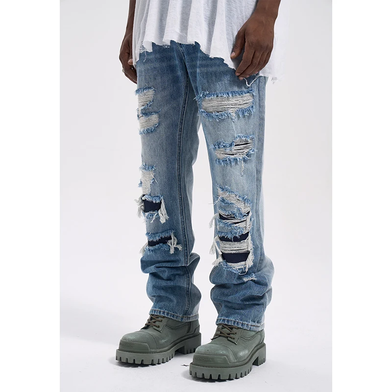 

High Street Wash To Do Old Color Splicing Fashion Brand Rag Vintage Skateboard Pants Casual Jeans Men